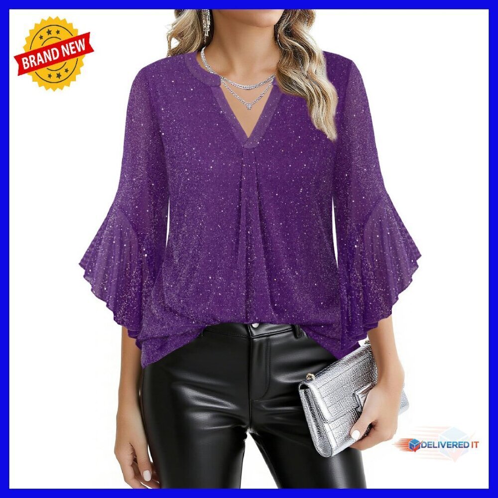 Women's Sparkle Blouse 3/4 Sleeve V-Neck Flowy Tunic Top